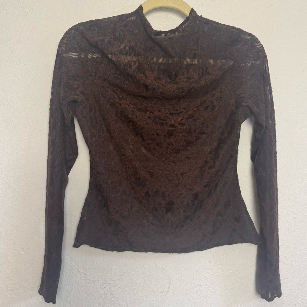 BTBFM Lace Mock Rolled Neck Sheer Long Sleeve Blouse Top